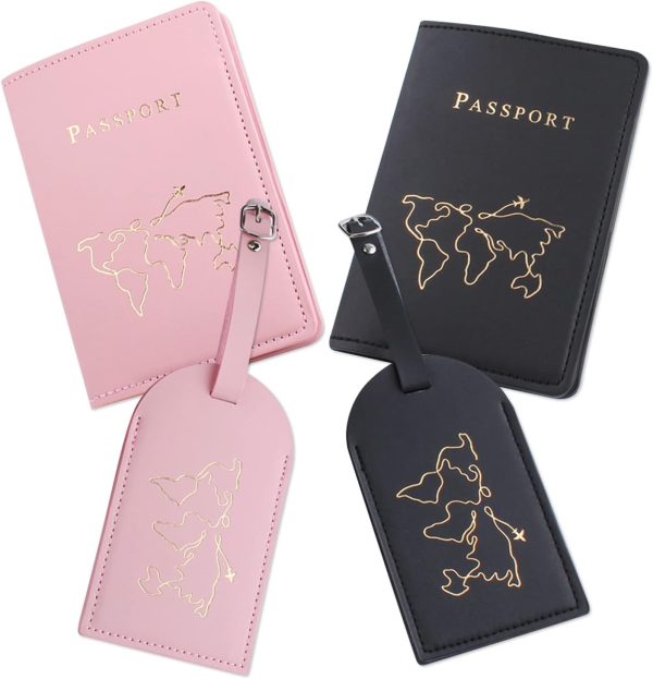 2 Pieces Luggage Tags and 2 Pieces Passport Covers, PU Leather Document Sets Passport Holder Baggage Labels Organizer Case for Storing Passport Boarding Passes Credit Cards