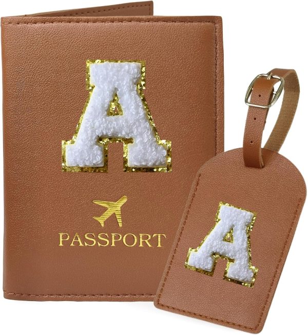 Brown Passport Cover Holder and Initial Luggage Tag Set TSA Approved with Personalized Monogram Chenille Letter Patch for Women Teen Girls, Cute Travel Bag Suitcase Identifier (A)