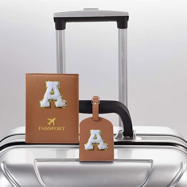 Brown Passport Cover Holder and Initial Luggage Tag Set TSA Approved with Personalized Monogram Chenille Letter Patch for Women Teen Girls, Cute Travel Bag Suitcase Identifier (A) - Image 4