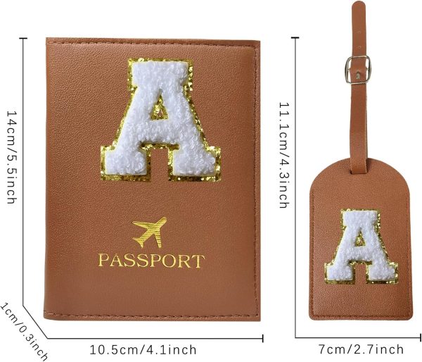 Brown Passport Cover Holder and Initial Luggage Tag Set TSA Approved with Personalized Monogram Chenille Letter Patch for Women Teen Girls, Cute Travel Bag Suitcase Identifier (A) - Image 5