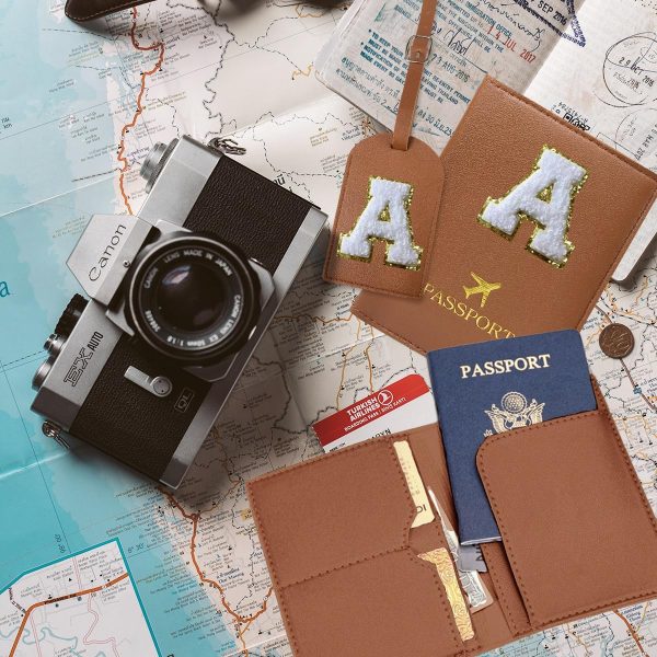 Brown Passport Cover Holder and Initial Luggage Tag Set TSA Approved with Personalized Monogram Chenille Letter Patch for Women Teen Girls, Cute Travel Bag Suitcase Identifier (A) - Image 6