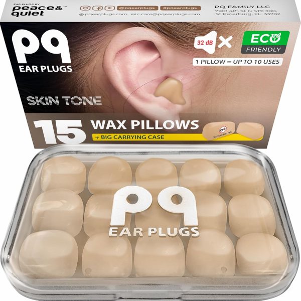 PQ Silicone Ear Plugs for Sleeping - 15 Wax Earplugs for Sleep and Swimming Ear Plugs, Soft Ear Covers for Sleeping and Water Ear Plugs, Wax Ear Plugs Noise Cancelling 32Db, (15 Pillows), Skin Tone