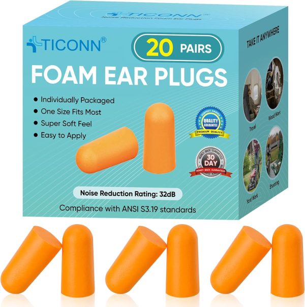 TICONN 20 Pairs Ear Plugs, 32dB Noise Reduction Earplugs for Sleeping Hearing Protection Travel Study Concentration Construction Site (20 Pairs) - Image 8